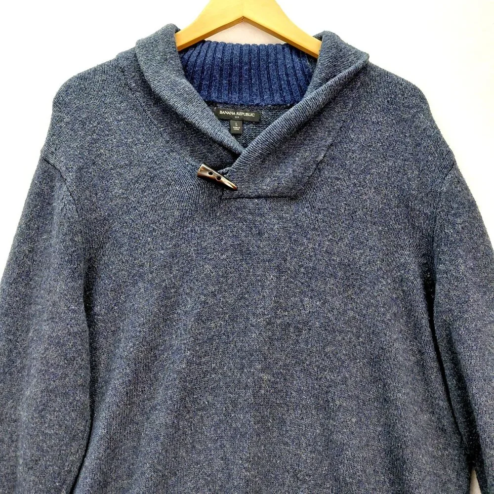 Banana Republic Sweater Mens Large Blue Shawl Collar Wool Blend Fisherman Toggle